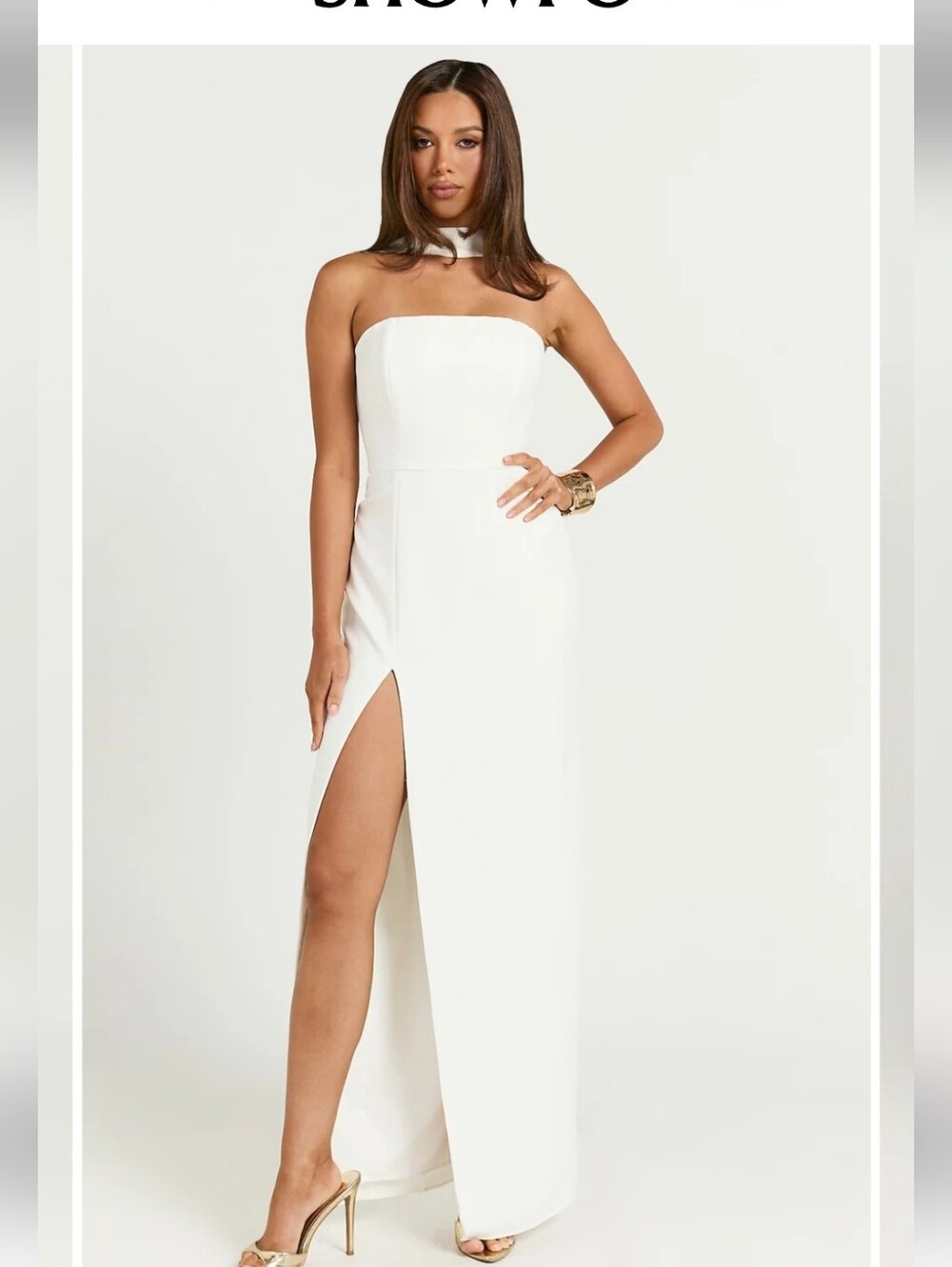 ShowpoAllegra Off White Maxi Dress Neck Band Column High Split Dress Size 4 New